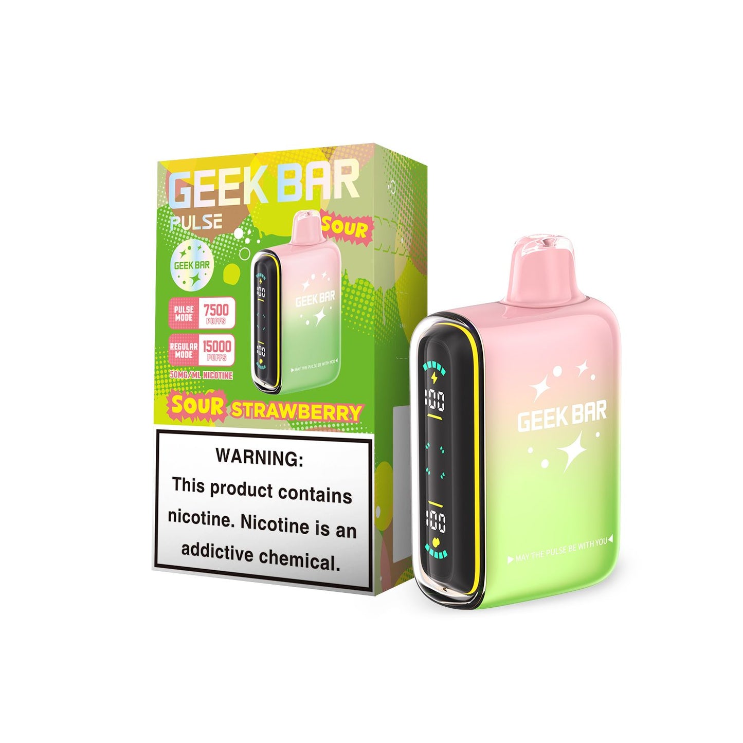 Geek Bar Pulse 15000 Puff Disposable Vape – Sour Strawberry flavor front view
