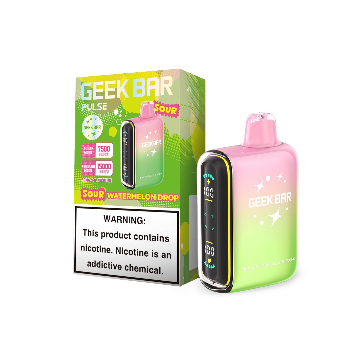 Geek Bar Pulse 15000 Puff Disposable Vape – Sour Watermelon Drop flavor front view