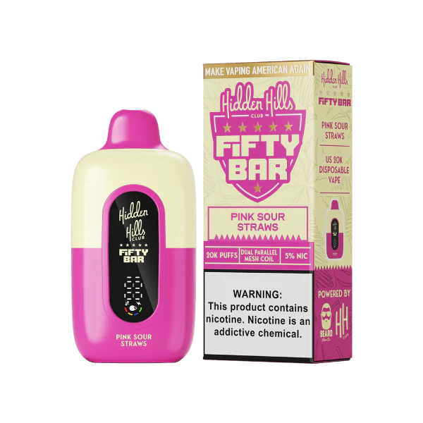 Hidden Hills x Fifty Bar 20000 Puff Disposable Vape – Pink Sour Straws flavor front view